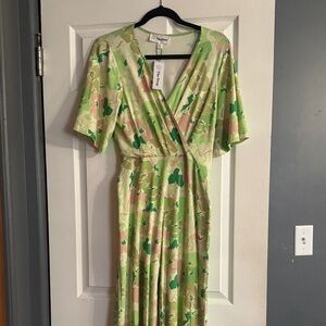 Floral Wrap Jumpsuit in Green and Beige